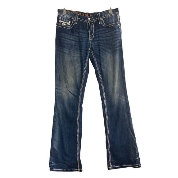 ROCK REVIVAL Women’s Vika Boot Cut Rhinestone Studded Jeans Sz 31 Blue Inseam 33 - Picture 1 of 13